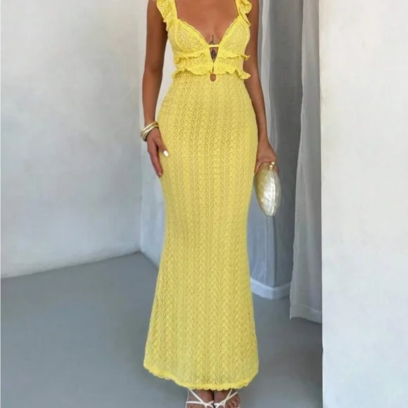 SHEIN Yellow Ribbed Buttoned Maxi Dress - Picture 2 of 6